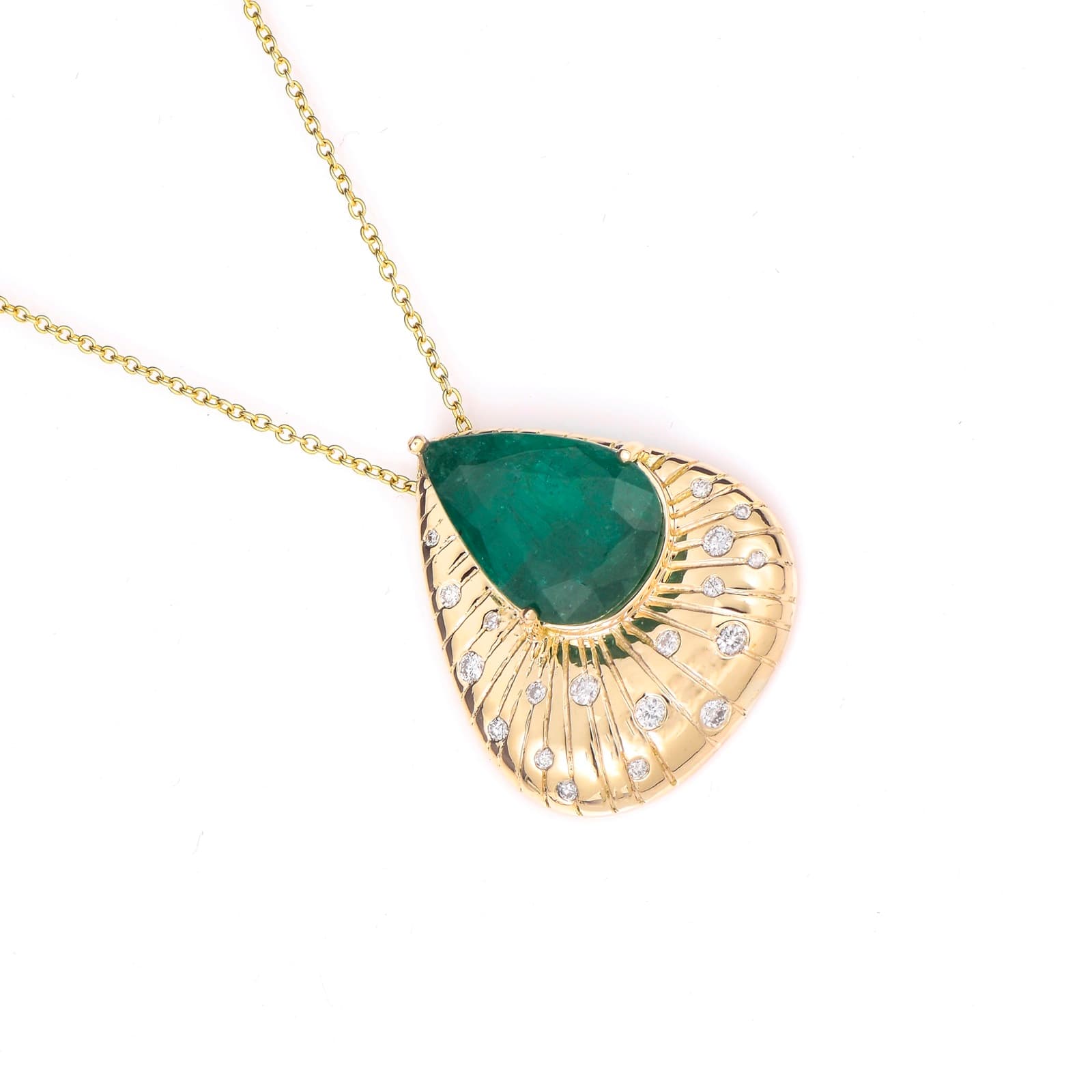 Emerald Pear Fan Pendant — 18K Yellow Gold with emerald & diamond
