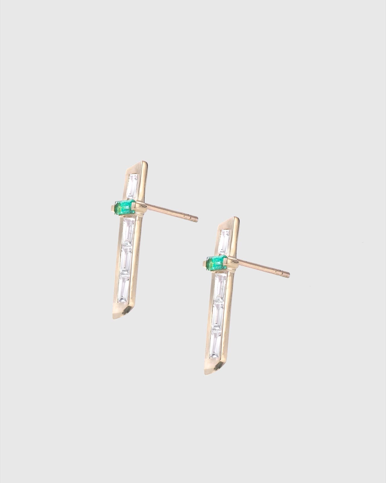 Emerald Baguette Bar Studs — 14K Yellow Gold with diamond & emerald