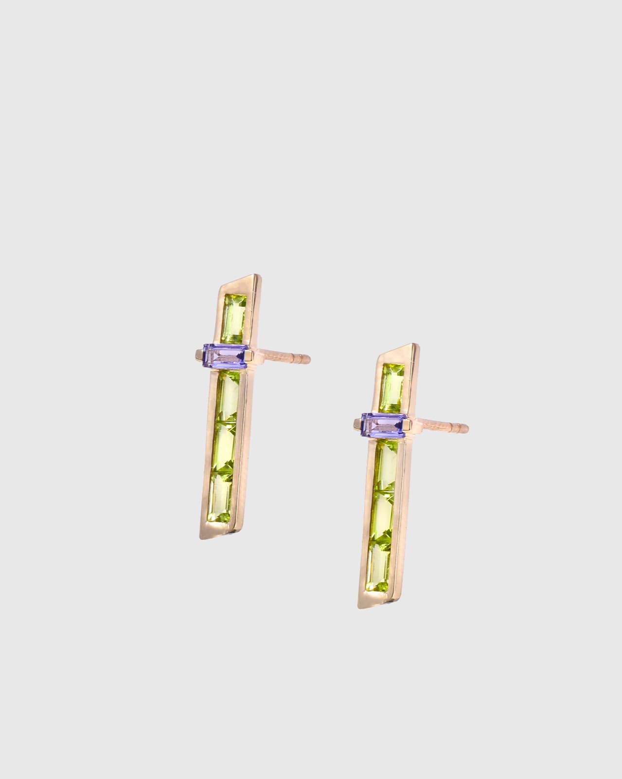 Peridot Amethyst Bar Earrings — 18K Yellow Gold with peridot & amethyst